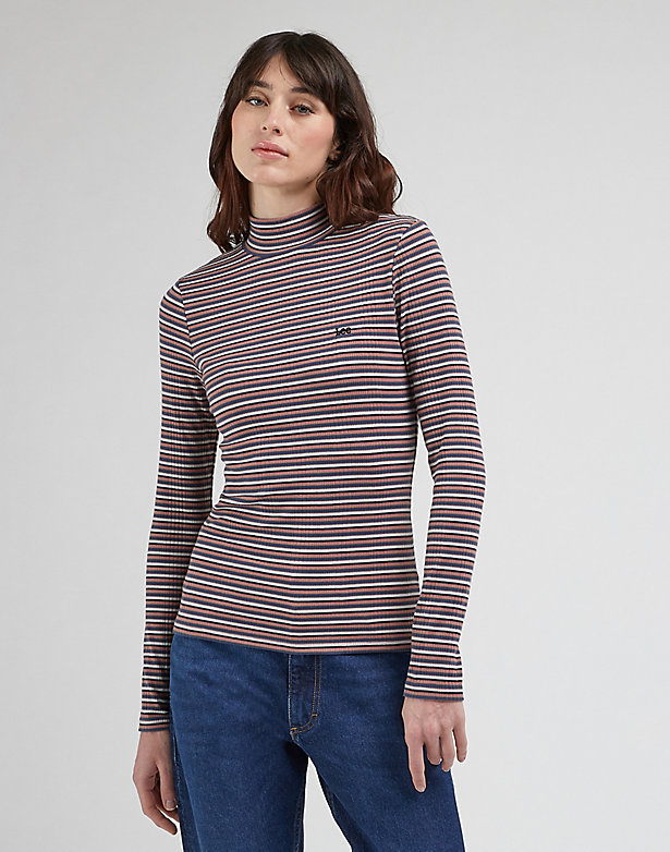 Ribbed Long Sleeve Striped Tee in Dark Mauve