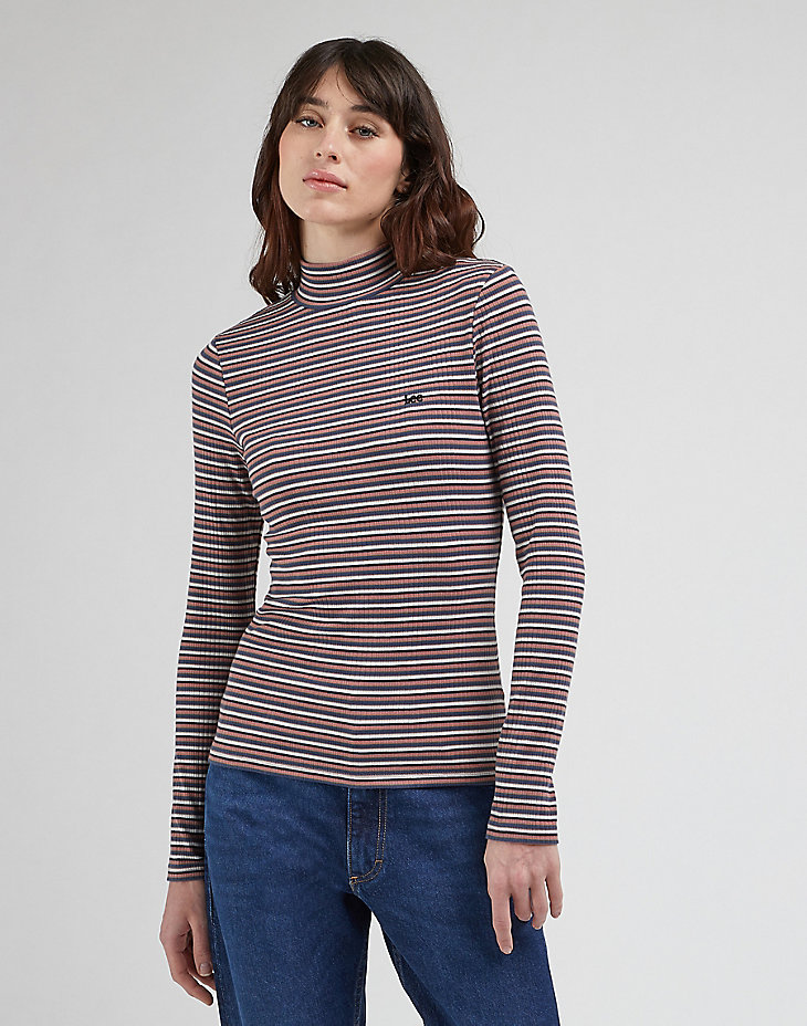 Ribbed Long Sleeve Striped Tee in Dark Mauve main view