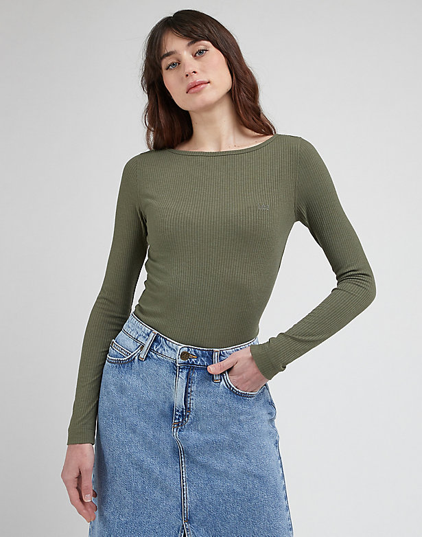 Long Sleeve Boat Neck Tee in Olive Grove