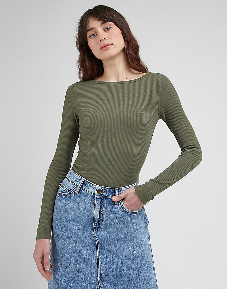 Long Sleeve Boat Neck Tee in Olive Grove main view