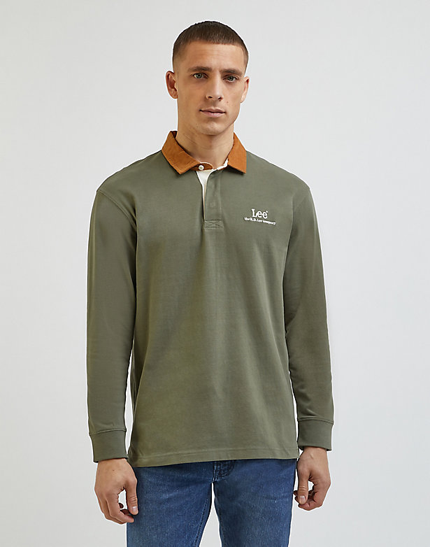 Long Sleeve Contrast Collar Polo in Olive Grove