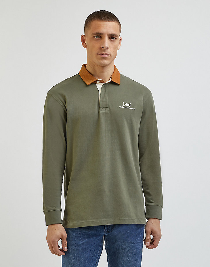 Long Sleeve Contrast Collar Polo in Olive Grove main view