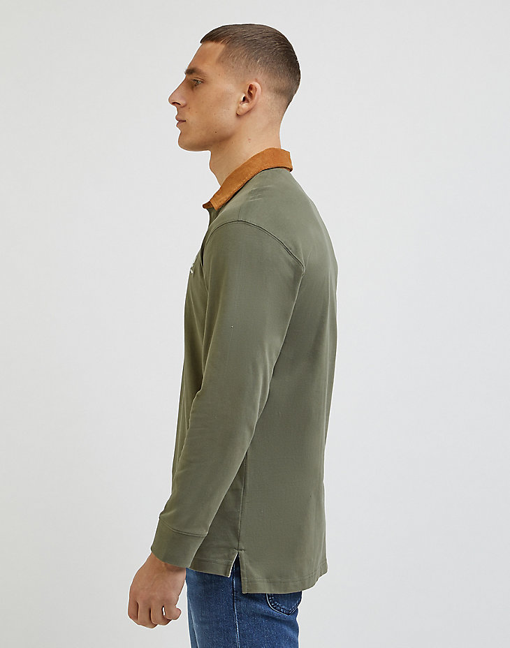Long Sleeve Contrast Collar Polo in Olive Grove alternative view 3