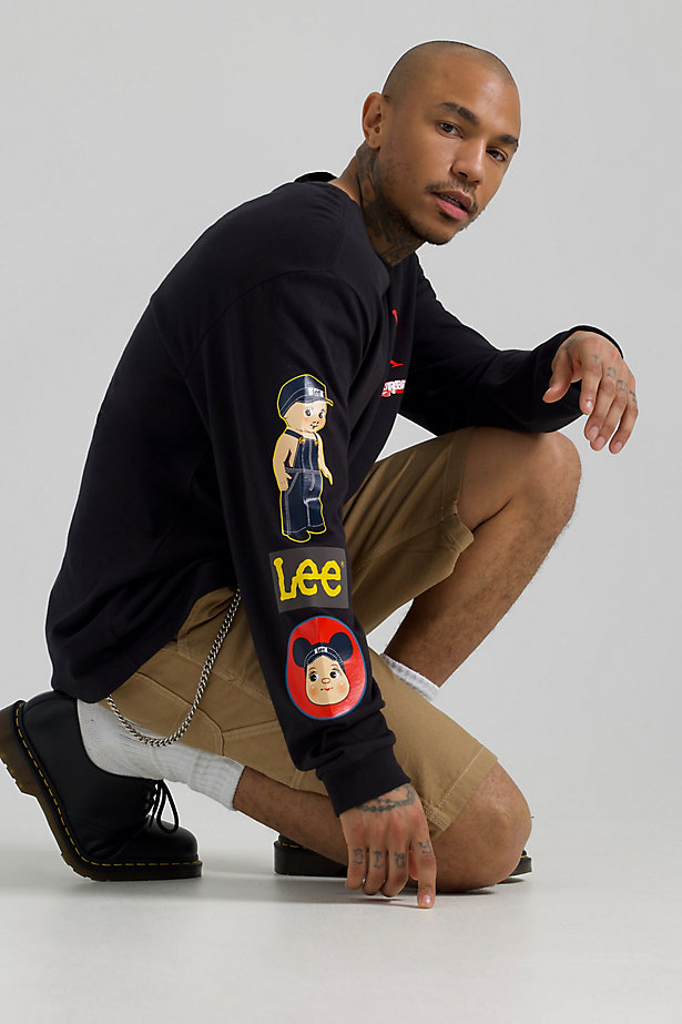 Men’s Lee x BE@RBRICK Relaxed Fit Long Sleeve Tee in Washed Black