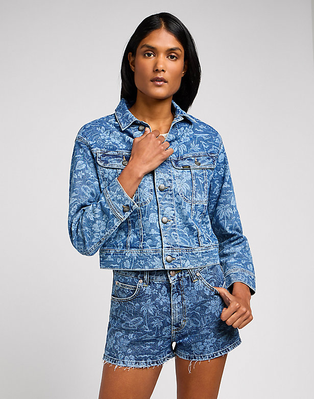 Cropped Rider Jacket in Tropical Denim
