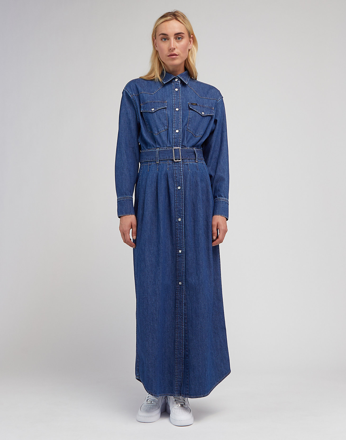Belted Western Denim Dress in Supersonic Blue main view