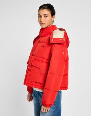 Hooded Short Puffer Jacket in True Red alternative view 3