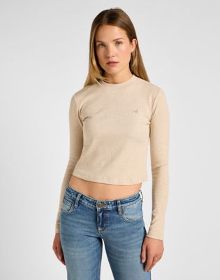 Long Sleeve Cropped Rib Tee in Oatmeal