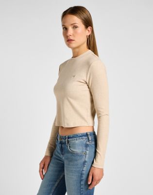 Long Sleeve Cropped Rib Tee in Oatmeal alternative view 3
