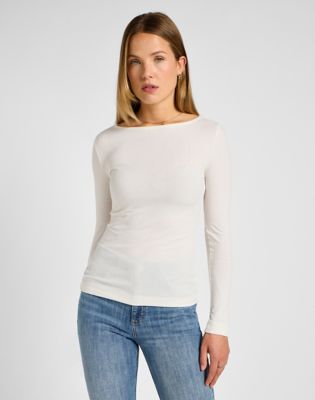 Long Sleeve Slim Boat Neck Tee in Ecru