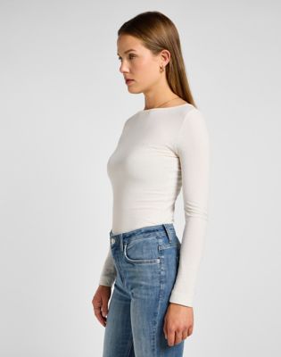 Long Sleeve Slim Boat Neck Tee in Ecru