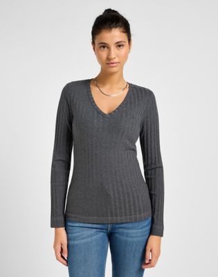 Long Sleeve V Neck Tee in Charcoal