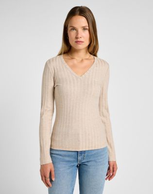 Long Sleeve V Neck Tee in Oatmeal