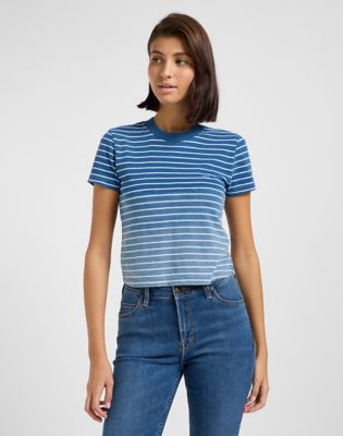 Cropped Tee in Ombre Indigo Stripe