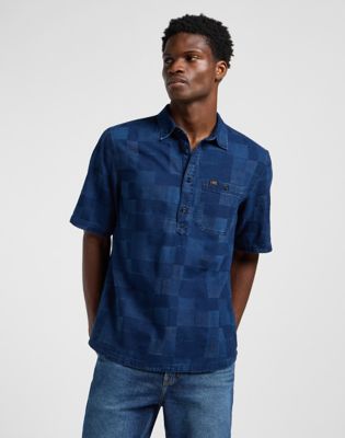 Popover Shirt Short Sleeve in Indigo Patchwork Dobby