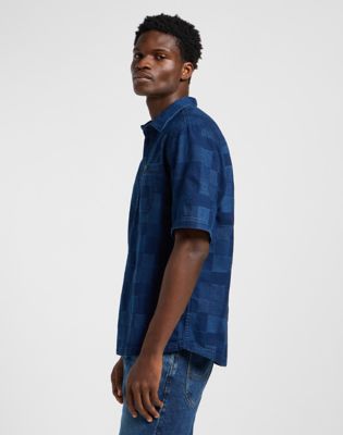Popover Shirt Short Sleeve in Indigo Patchwork Dobby alternative view 3