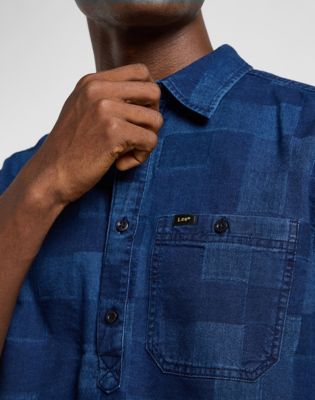 Popover Shirt Short Sleeve in Indigo Patchwork Dobby alternative view 4