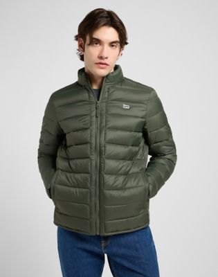 Regular Stand Collar Puffer Jacket in Olive Gray