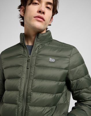 Regular Stand Collar Puffer Jacket in Olive Gray