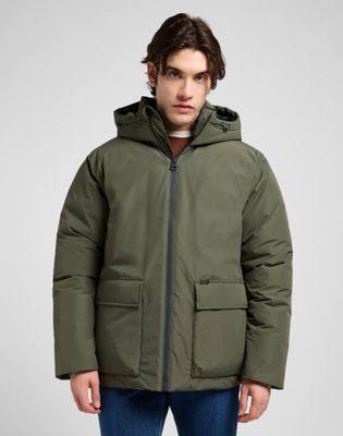 Regular Hooded Short Puffer Jacket in Olive Gray
