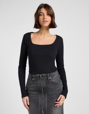 Slim Long Sleeve Square Neck Top in Black
