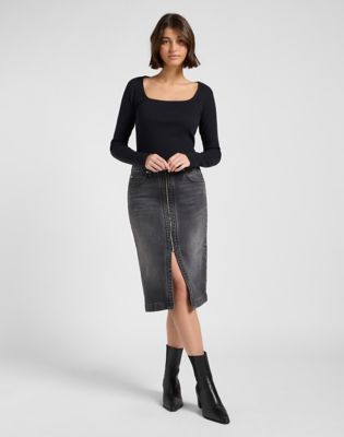 Slim Long Sleeve Square Neck Top in Black