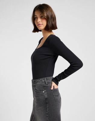 Slim Long Sleeve Square Neck Top in Black