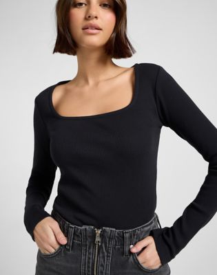 Slim Long Sleeve Square Neck Top in Black
