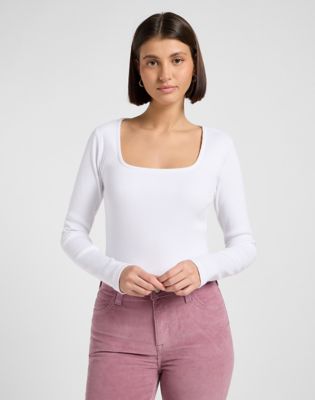 Slim Long Sleeve Square Neck Top in Bright White main view
