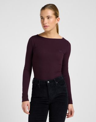Long Sleeve Slim Boat Neck Tee in Deep Wine
