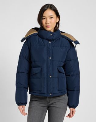 Relaxed Hooded Short Puffer in Rivet Navy