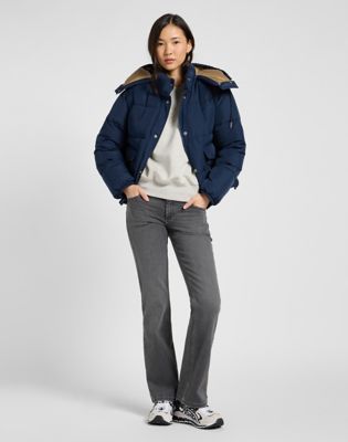 Relaxed Hooded Short Puffer in Rivet Navy