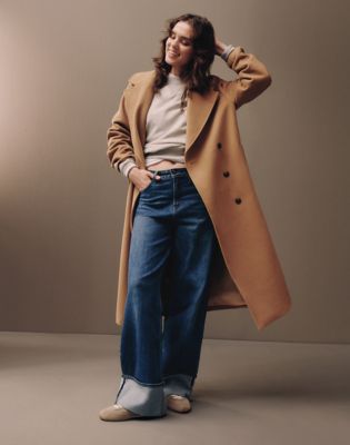 Relaxed Long Wool Coat in Dark Camel