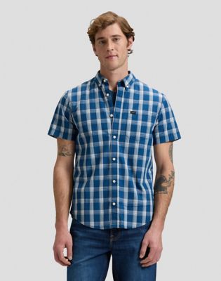 Regular Short Sleeve Button Down Shirt in Deep Sea Plaid