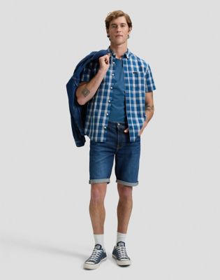 Regular Short Sleeve Button Down Shirt in Deep Sea Plaid