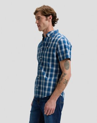 Regular Short Sleeve Button Down Shirt in Deep Sea Plaid