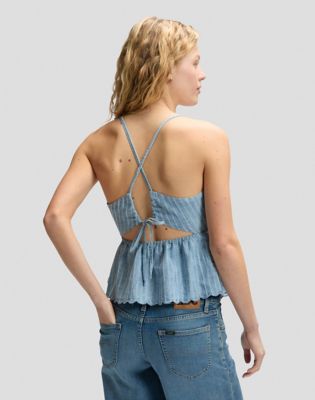 Slim Peplum Cami Shirt in Indigo Stripe Dobby