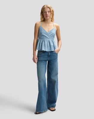 Slim Peplum Cami Shirt in Indigo Stripe Dobby