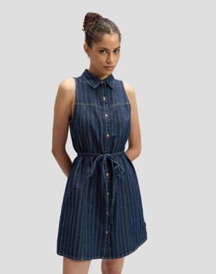 Slim Sleeveless Mini Denim Dress in Indigo Rush