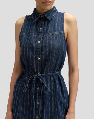 Slim Sleeveless Mini Denim Dress in Indigo Rush