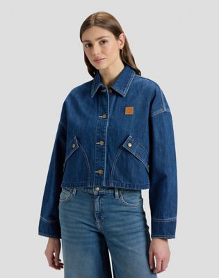 Cropped Denim Jacket in Mid Dark