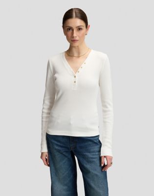 Slim Long Sleeve Waffle Henley Tee in Ecru