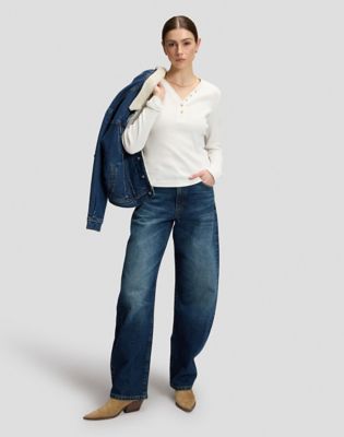 Slim Long Sleeve Waffle Henley Tee in Ecru