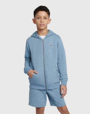 Badge Zip Through Hoodie in Faded Denim