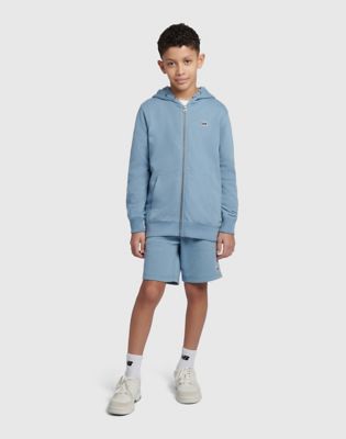 Badge Zip Through Hoodie in Faded Denim