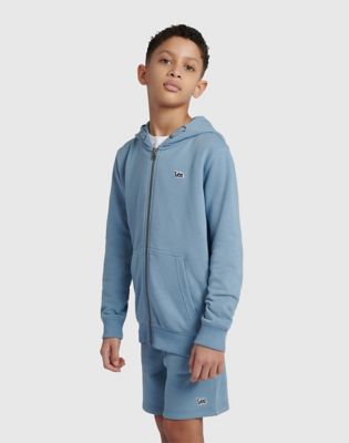 Badge Zip Through Hoodie in Faded Denim