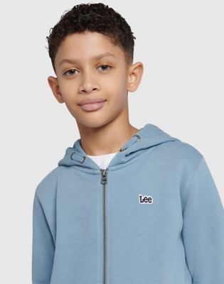 Badge Zip Through Hoodie in Faded Denim