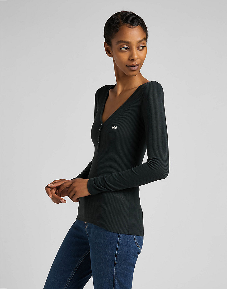 Ribbed Long Sleeve Henley in Charcoal alternative view 3