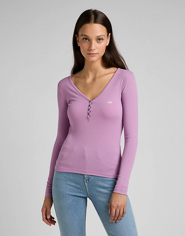 Ribbed Long Sleeve Henley in Pansy