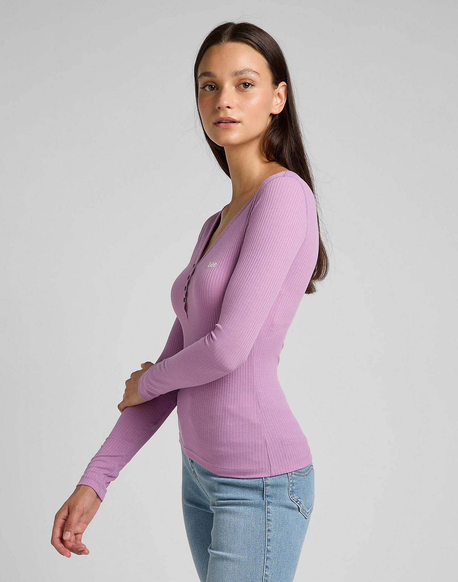 Ribbed Long Sleeve Henley in Pansy alternative view 3